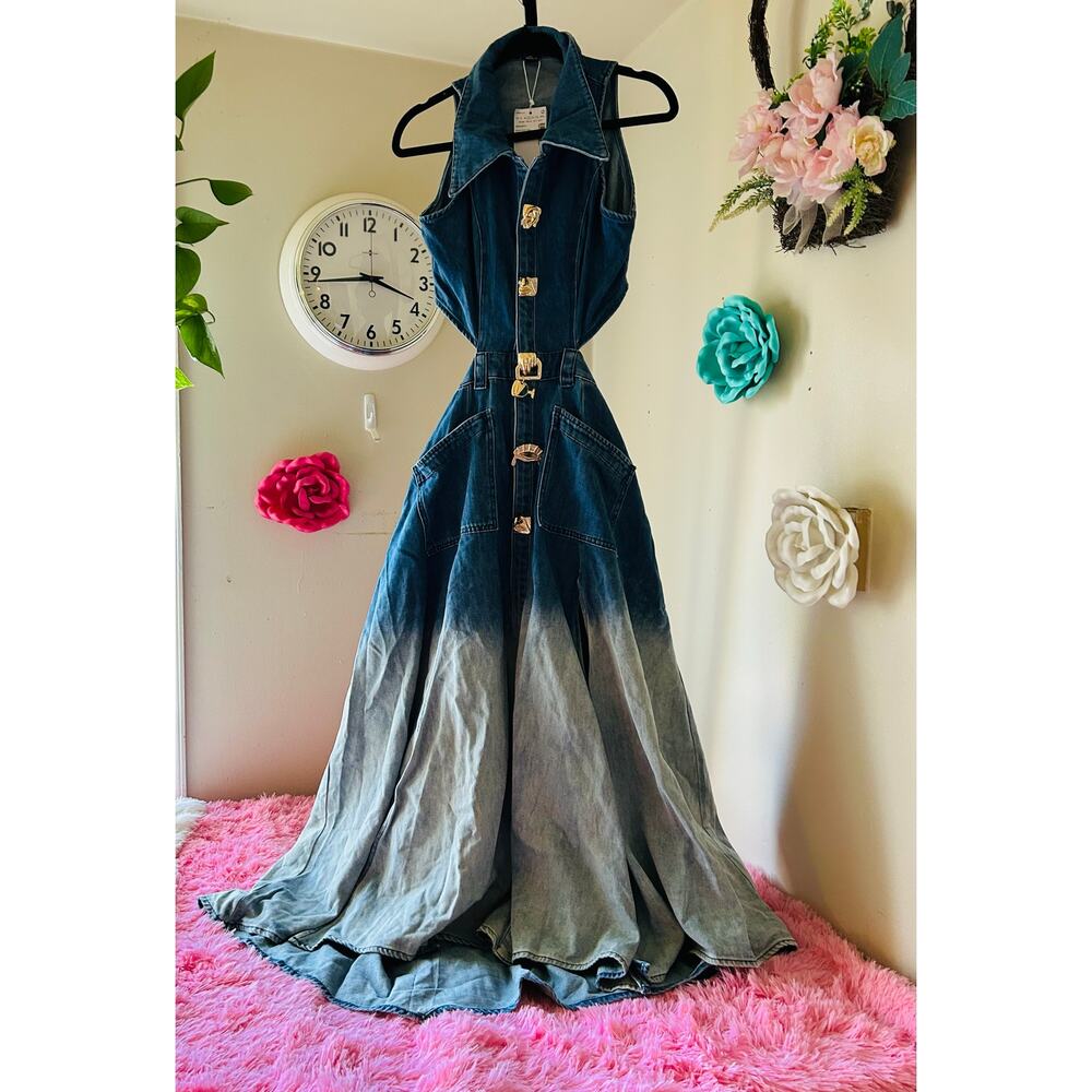 Ombre Halter Denim Maxi Dress in Blue and Gray - Picture 4 of 7